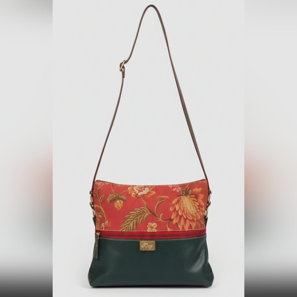 Tapestry Floral Canvas Soft Genuine Leather Fold-Over Vintage Crossbody Bag